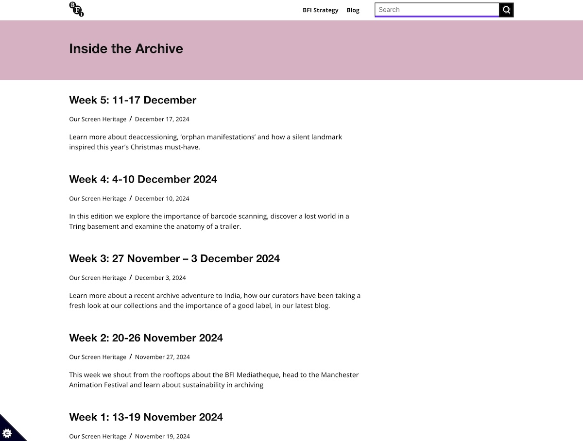 Screenshot of the BFI's 'Inside the archive' blog