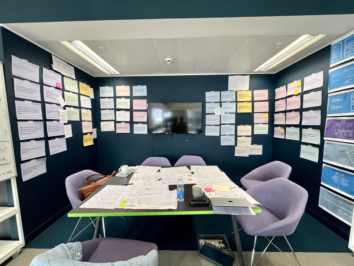 A photo of a small working area, a table and a few chairs, the surrounding walls festooned with sketches and printed words